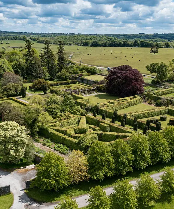 Aerial view of beautifully manicured hedges and vibrant green grass, showcasing elegant landscape design and lush greenery.
