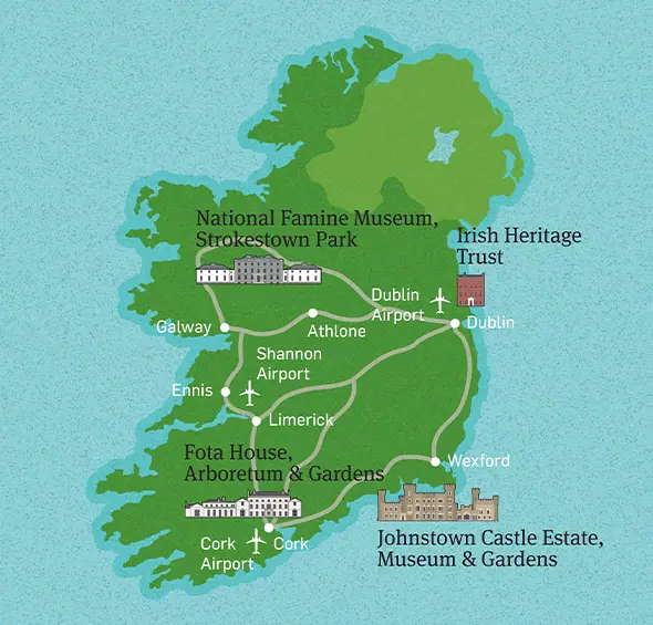 A map showing the locations of Strokestown Park, Fota House, Johnstown Castle, and Irish Heritage Trust.