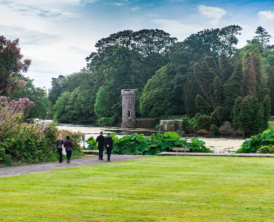 A scenic view featuring lush green grass, vibrant bushes, and colorful flowers, with tall trees framing a castle tower in the background.