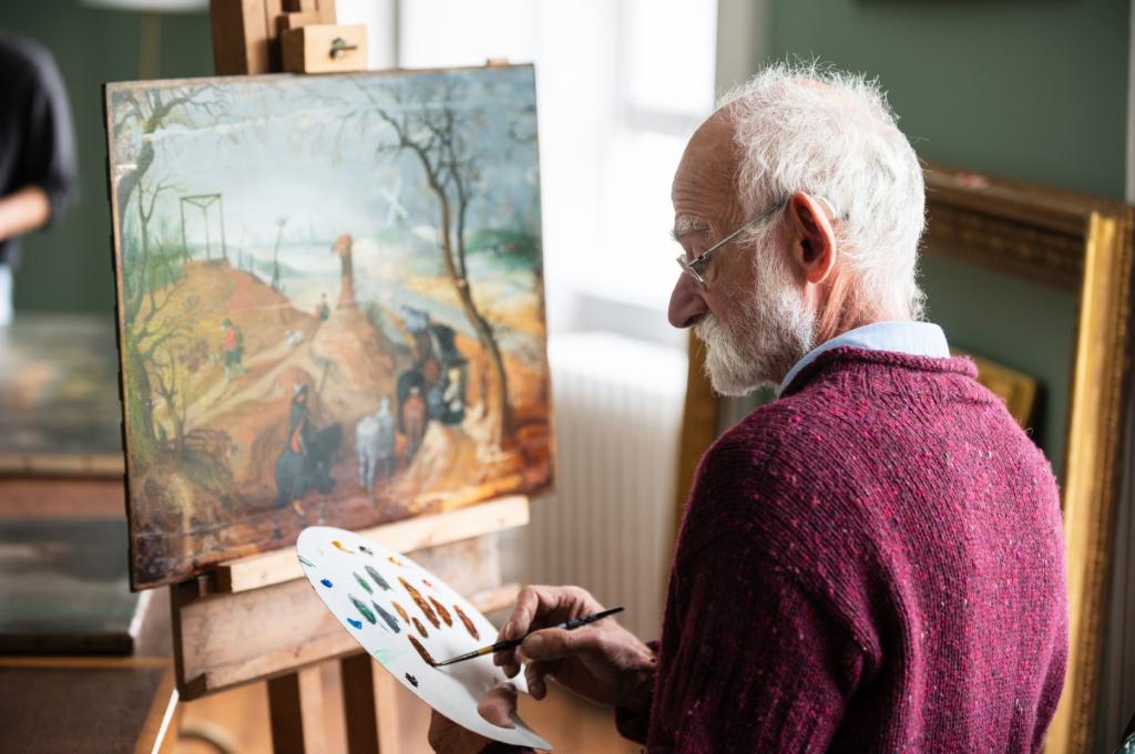 Painting Conservator Justin Laffan working on Cattle Drovers and Travellers by Sebastian Vrancx
