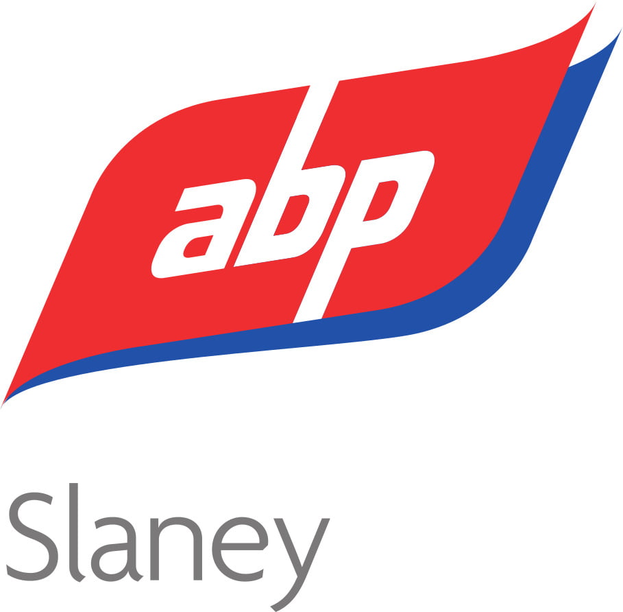 Logo with words ABP and Slaney in red and blue background