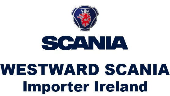 Logo with words SCANIA in navy blue and underneath "Westward Scania, Importer Ireland"