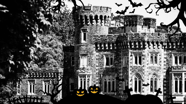 Black and white halloween picture of Johnstown Castle