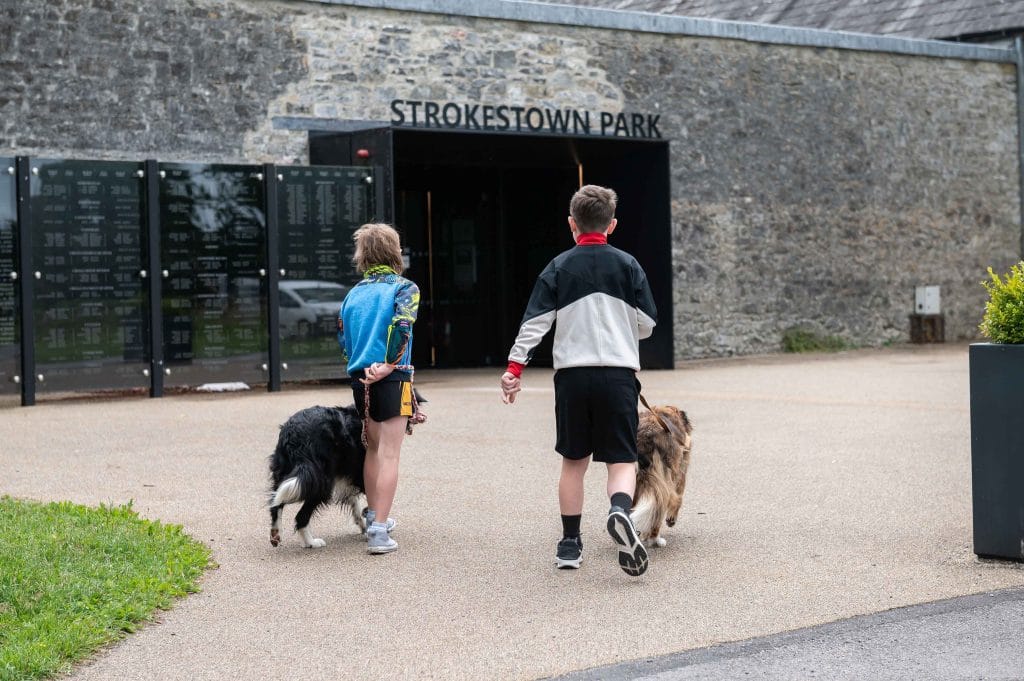 two young boys with dogs walk toward the entrance of Strokestown Park, with the memorial wall to the left