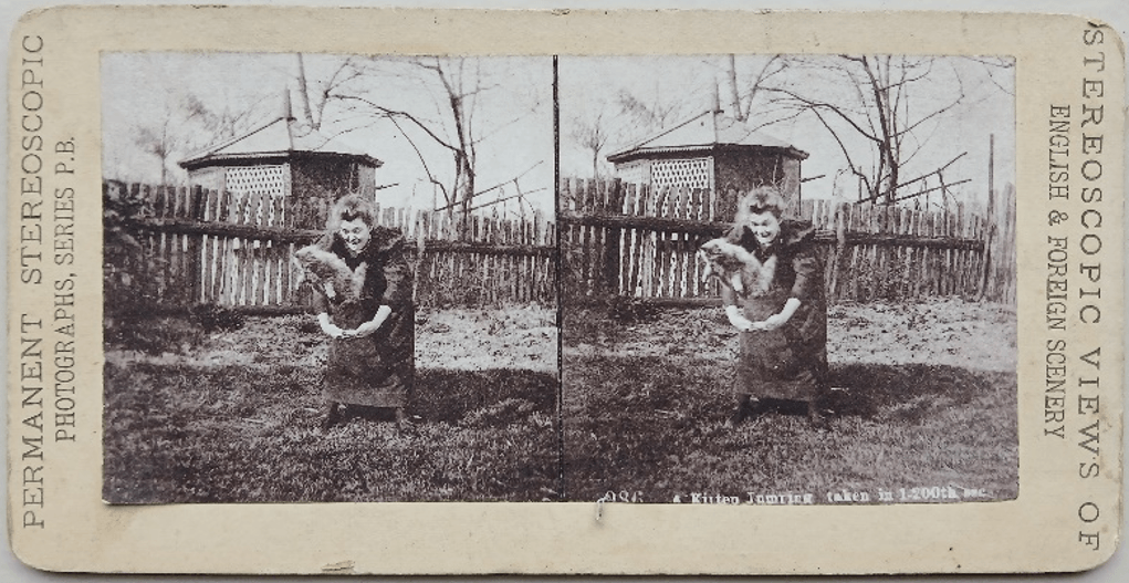 wooden framed bifocal eyeglass enables the viewer to see a 19th C three-dimensional cat leap from its owner’s arms.