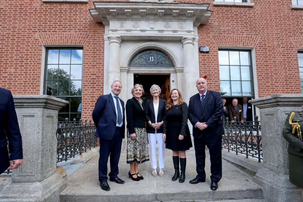 Pictured at the official opening of No. 11 Parnell Square, Ireland’s Home for Poetry and Heritage, is President Catherine Connolly, with from left Poetry Ireland  Chairman John O’Donnell , Anne O’Donoghue, CEO Irish Heritage Trust , Claire Power, Director Poetry Ireland and Irish Heritage Trust Chairman, Ger Aherne outside their refurbished building No 11. The iconic Georgian building has been transformed following a €5.5 million conservation-led refurbishment into a vibrant cultural  home for Poetry Ireland and the Irish Heritage Trust, and will house The Seamus Heaney Poetry Library, celebrating Ireland’s rich literary and heritage traditions. 