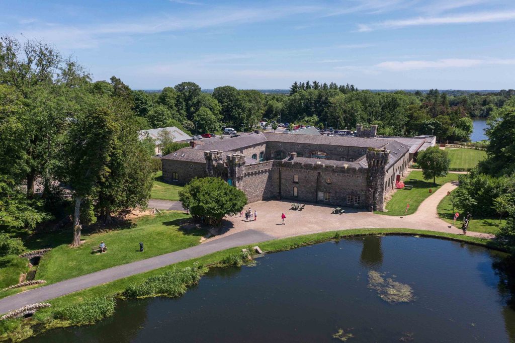 Aerial veiw of the Irish Agricultural Museum in the historic courtyard at Johnstown Castle, Wexford. Castle lake is partially in the foreground.